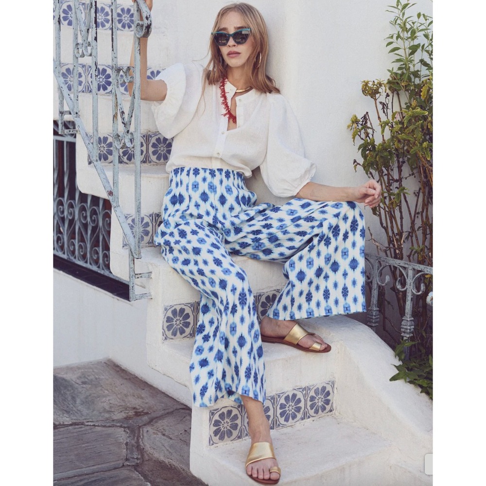 Lanhtropy Culotte Linen Pants Hamptons Wide Leg Blue Ikat Pleated High Rise Sz M